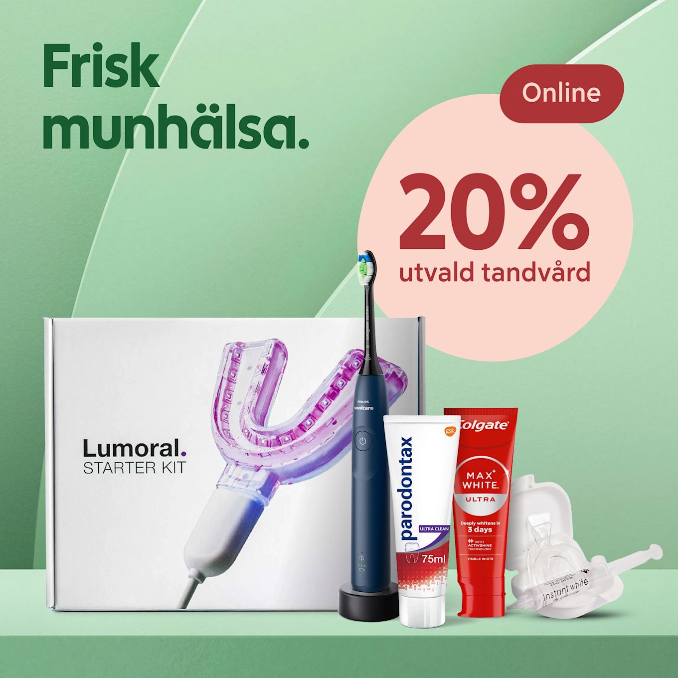 Tandvårdsprodukter som tandblekning, eltandborste och tandkrämer står mot en grön bakgrund med röd cirkel text "20% utvald tandvård" och rubriken "Frisk munkänsla".