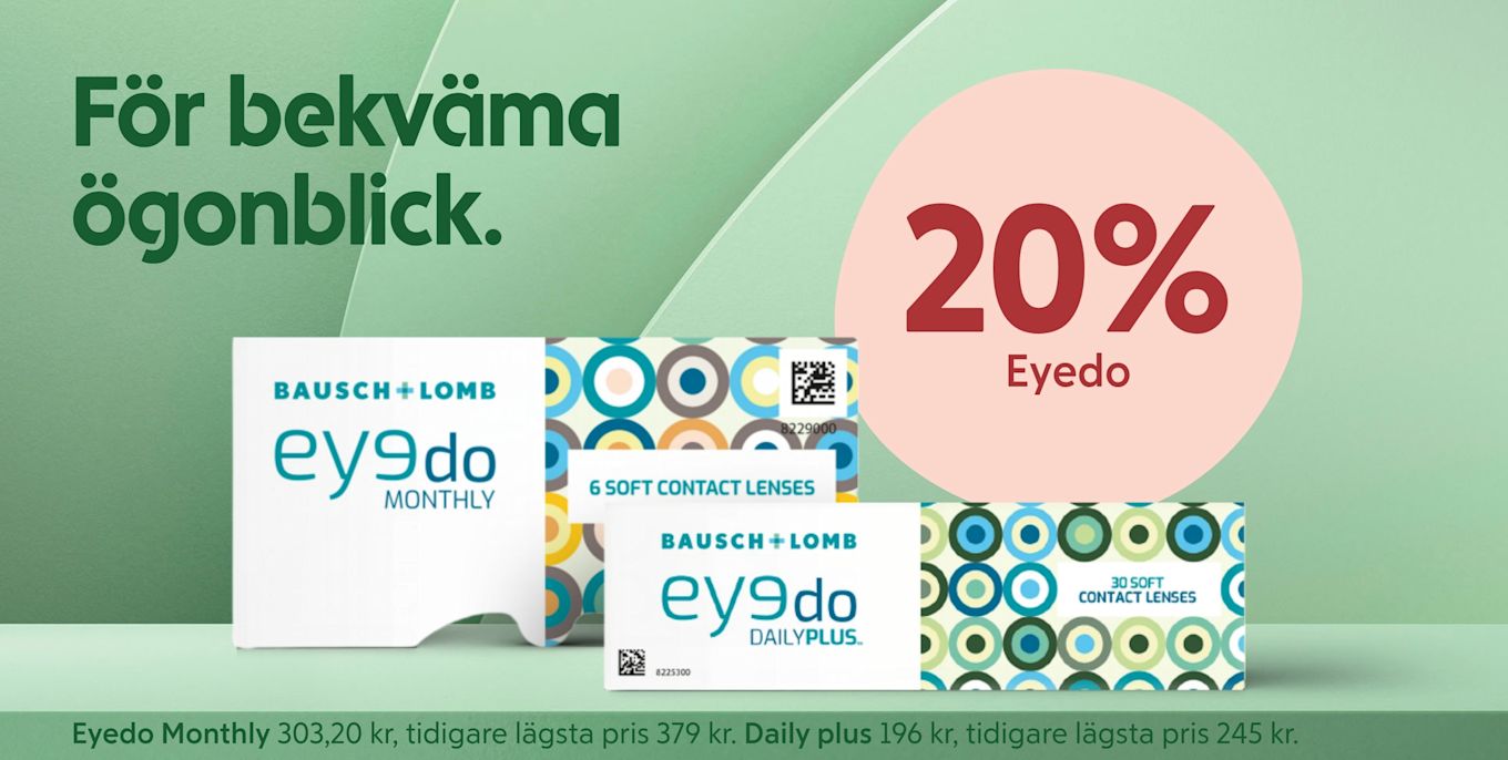 Gröna bakgrundsbanor med tre förpackningar av Bausch + Lomb Eyedo linser i förgrunden och en rosa cirkel till höger med texten "20% Eyedo".
