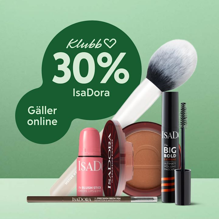 Grön bubbla med text "Klubbklipp, 30% rabatt på IsaDora. Gäller online" intill sminkprodukter: borste, rouge, bronzer, mascara och brynpenna på ljusgrön bakgrund.