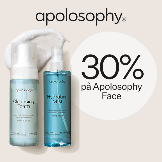 Två Apolosophy ansiktsprodukter i plastflaskor—en Cleansing Foam och en Hydrating Mist—ställda framför en beige bakgrund med skum bakom dem och texten "30% på Apolosophy Face" i en vit cirkel.