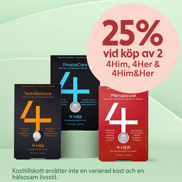Tre kosttillskottsförpackningar (TestoBalance svart med orange 4, ProstaCare svart med blå 4, Menopause röd med vit 4) stående framför ljusgrön bakgrund, stor rosa cirkel med text "25% vid köp av 2 4Him, 4Her & 4Him&Her" och varningsrad om kosttillskott längst ner.