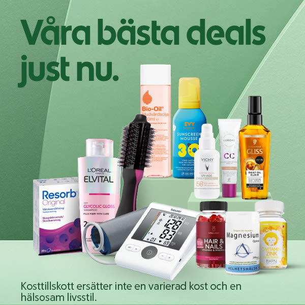 Flera skönhets- och hälsoprodukter arrangerade på grön bakgrund: hudolja, solskyddsmousse, CC-kräm, schampo, hårborste, hårolja, kosttillskott, blodtrycksmätare och magnesiumpiller med texten "Våra bästa deals just nu."