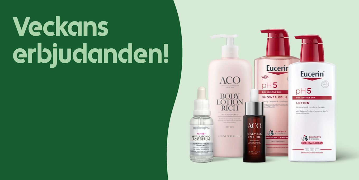 Veckans erbjudanden med hudvårdsprodukter från Apolosophy, ACO och Eucerin mot ljusgrön bakgrund.