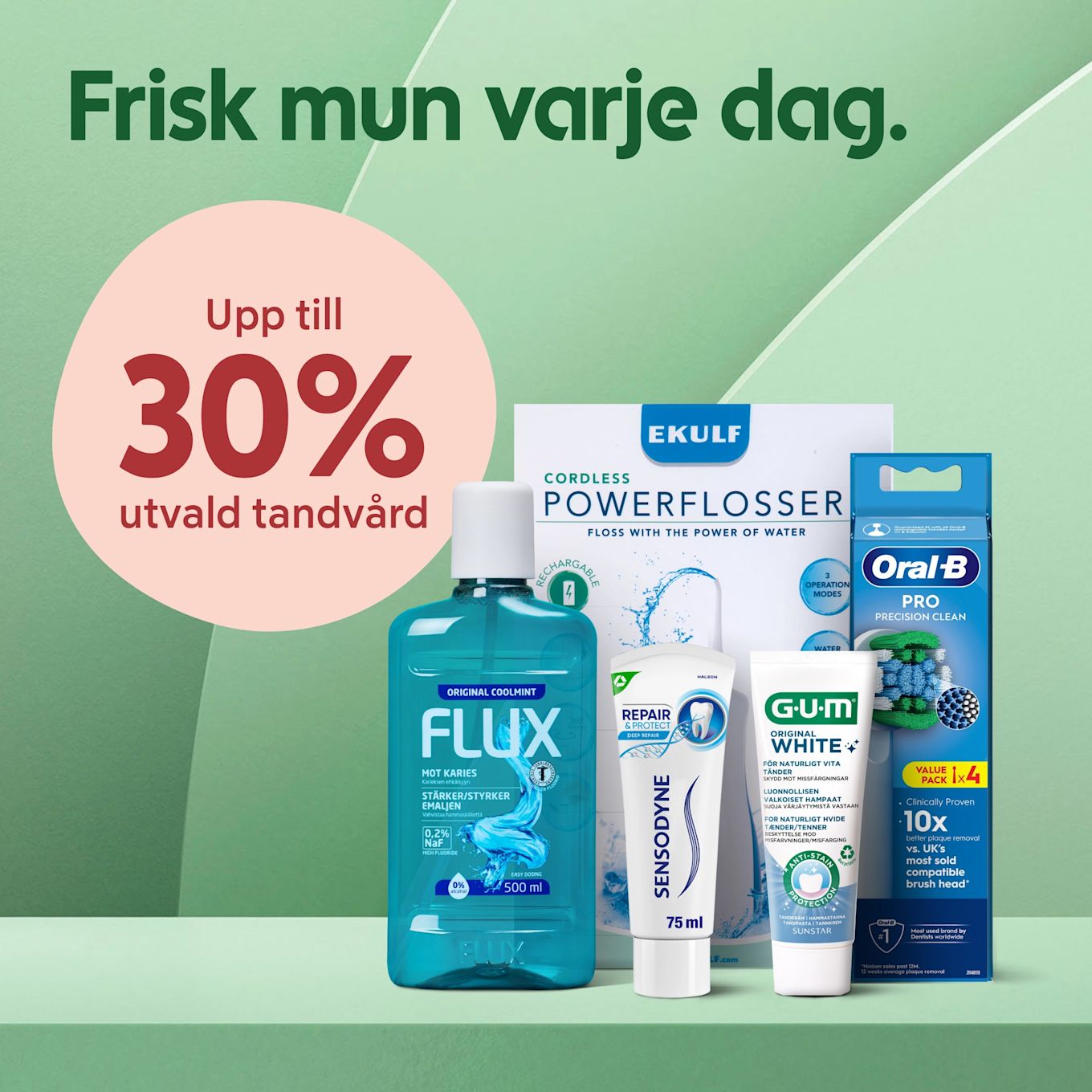 Tandvårdsprodukter från Flux, Sensodyne, Ekulf, Oral-B och GUM. Text som annonserar "upp till 30% rabatt på utvald tandvård" och rubriken "Frisk mun varje dag."