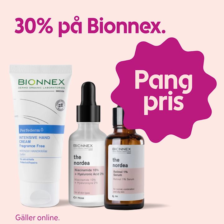Tre Bionnex hudvårdsprodukter med text 30% på Bionnex och Pang pris på rosa bakgrund.