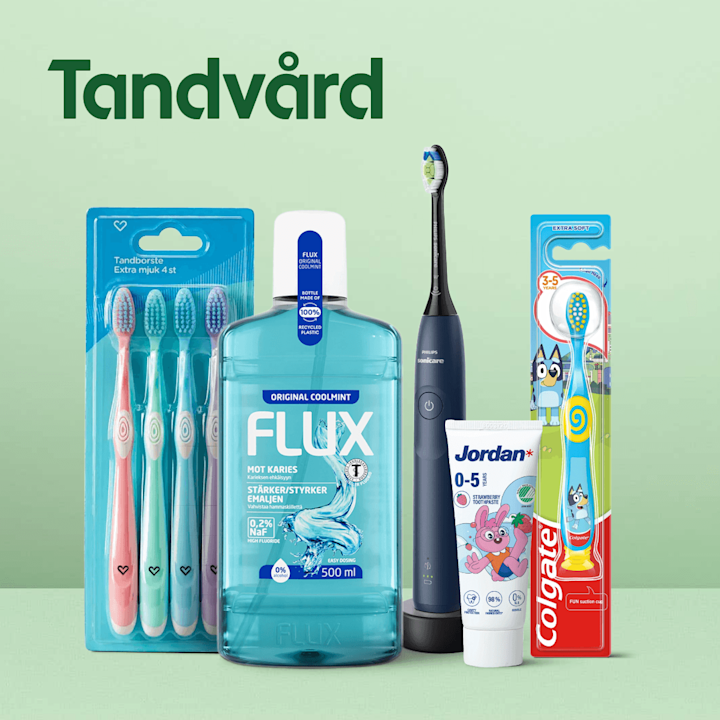Ingång till kategorin Mun & tänder. I bild står flera tandvårdsprodukter från Hjärtats, Flux, Philips, Jordan och Colgate mot en ljusgrön bakgrund med rubriken "Tandvård".