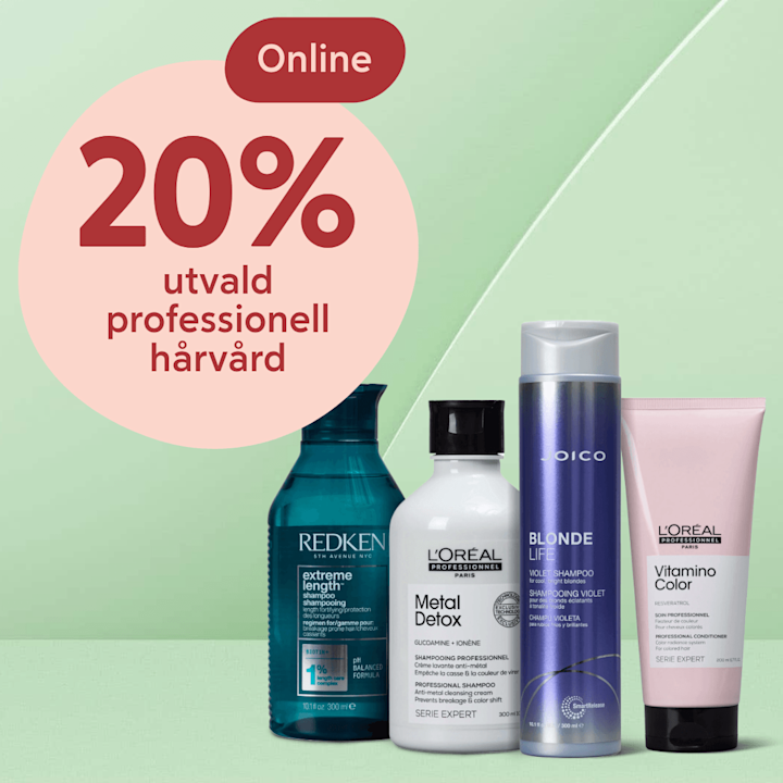 Fyra hårvårdsprodukter i förpackningar från Redken, L'Oréal och Joico framför en ljusgrön bakgrund med en rosa cirkeltext som lyder "20% utvald professionell hårvård" och en röd etikett "Online".