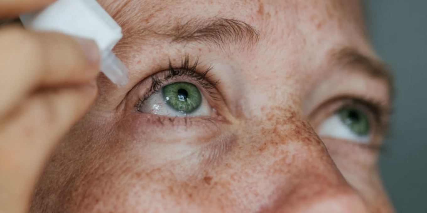 Närbild på en kvinna med torra ögon som använder ögondroppar.