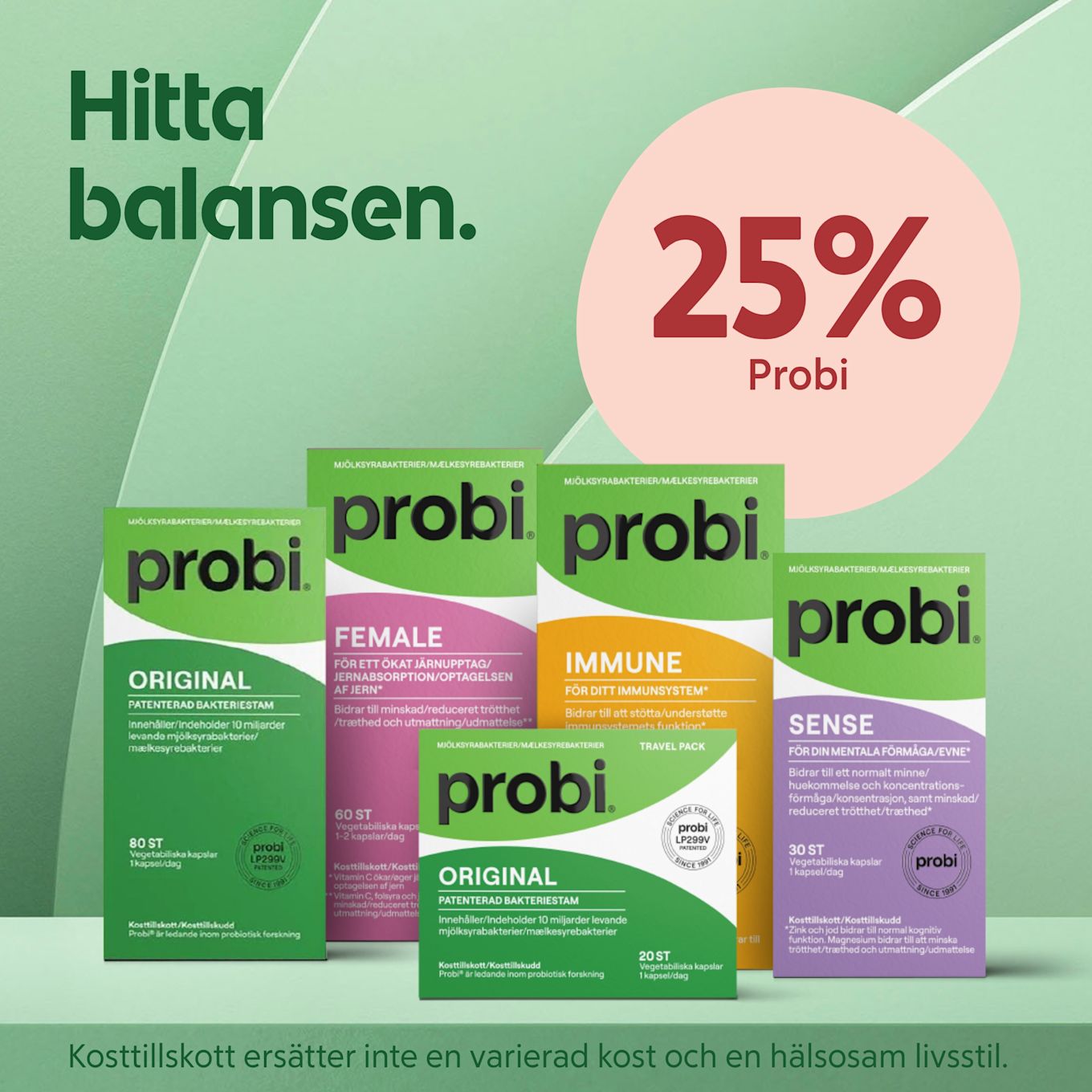 Flera färgglada förpackningar av Probi kosttillskott (Original, Female, Immune, Sense, Travel pack) uppställda på grön bakgrund, texten "Hitta balansen." vänster och en rosa cirkel med "25% Probi" till höger.