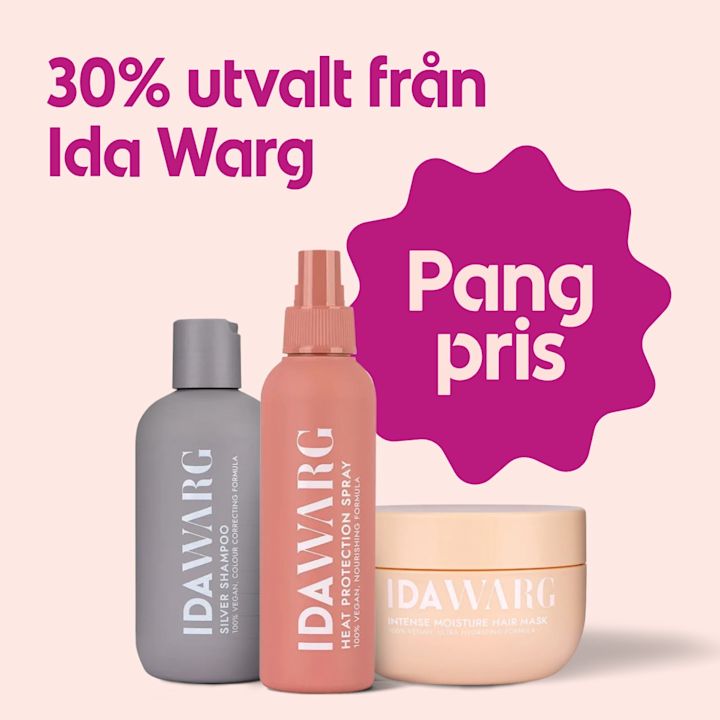 Tre Ida Warg-hårvårdsprodukter i grå, korall och persikofärgad förpackning framför ljusrosa bakgrund med texten "30% utvalt från Ida Warg" och en mörkrosa prislapp med texten "Pangpris".