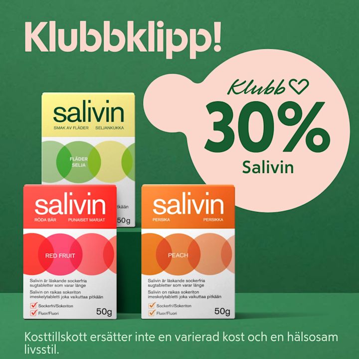 Tre förpackningar Salivin sugtabletter (fläder, röda bär, persika) i framkant mot grön bakgrund med rosa pratbubbla där texten "Klubb 30% Salivin" visar rabatt.