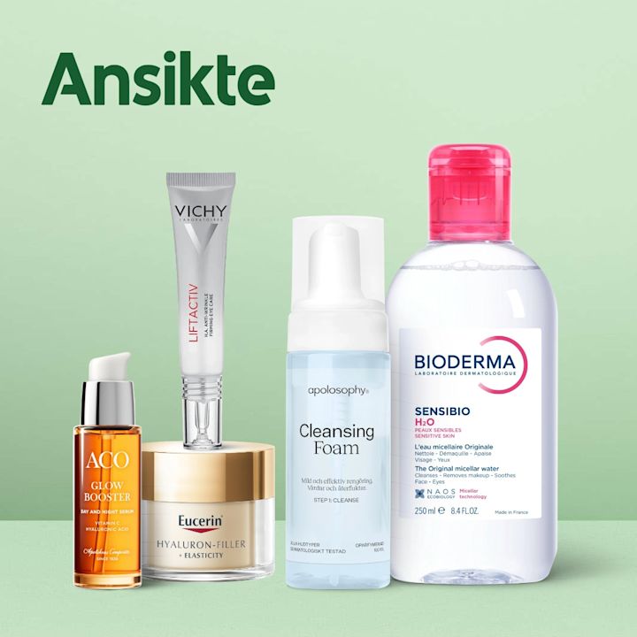 Ingång till kategorin Ansiktsvård. I bild står hudvårdsprodukter från varumärkena ACO, Eucerin, Vichy, Apolosophy och Bioderma. Med rubriken "Ansikte".