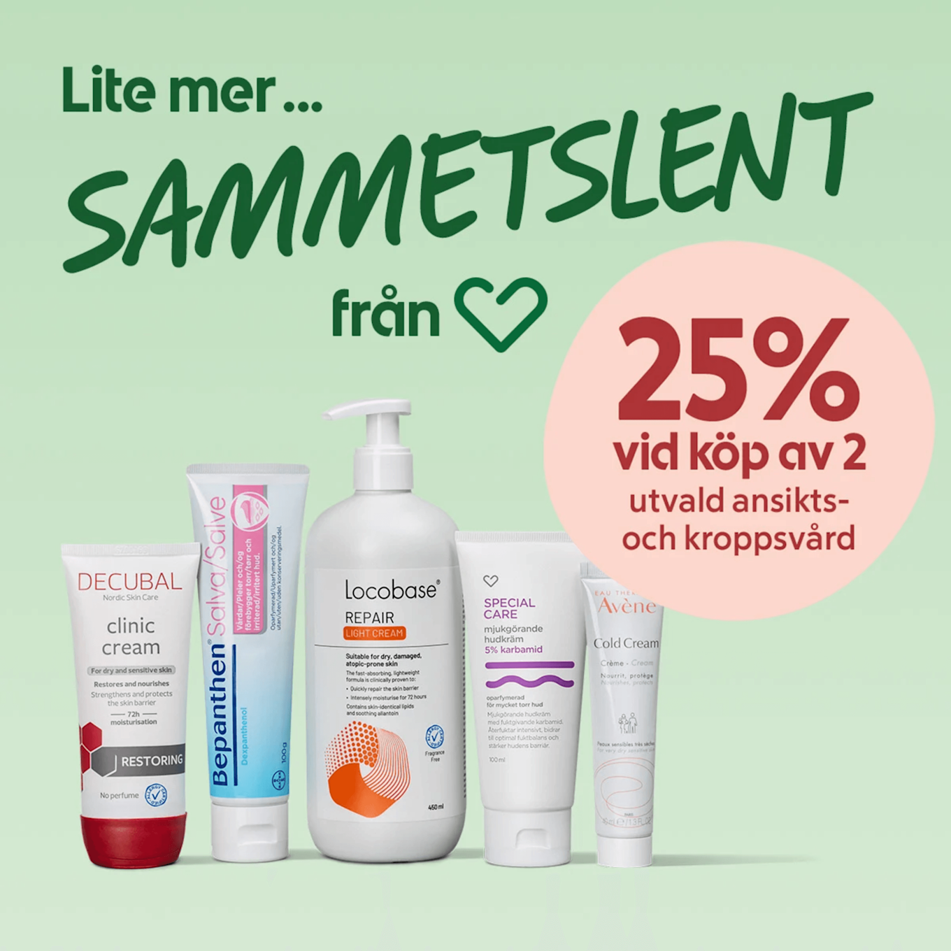Fem olika hudvårdsprodukter i tub och pump stående på rad mot ljusgrön bakgrund med texten "Lite mer SÄMMETSLENT" och en rosa cirkel med "25% vid köp av 2".