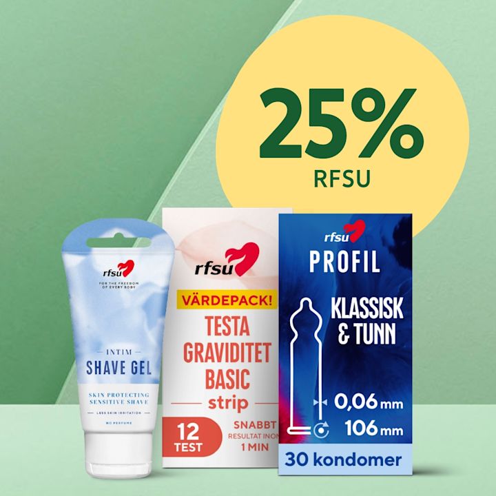 Tre förpackningar i förgrunden: en tub RFSU Intim Shave Gel, en värdepack med gravteststickor (text "Testa graviditet BASIC strip 12 test") och en blå låda RFSU Profil kondomer (text "Klassisk & tunn 0,06 mm 106 mm 30 kondomer") framför en grön bakgrund och en gul cirkel med texten "25% RFSU".