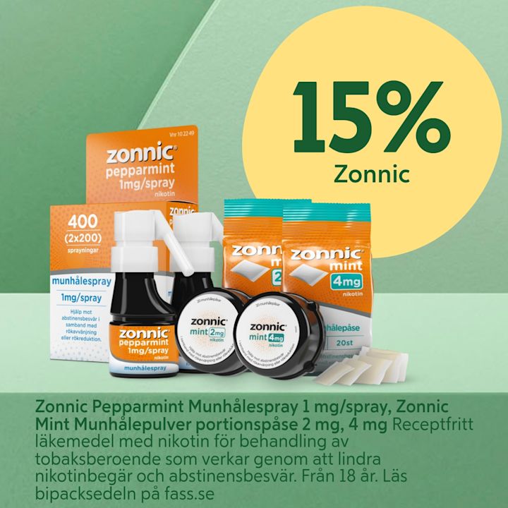 Produktbild av flera Zonnic nikotinersättningsprodukter (pepparmint munhålespray 1 mg/spray, mint portionspåsar 2 mg och 4 mg, plåster) uppställda framför en grön bakgrund med en gul cirkel som visar "15% Zonnic".