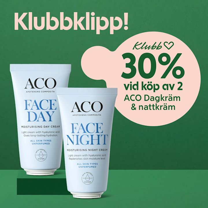 Två ACO-kräm tuber, en märkt "FACE DAY" och en "FACE NIGHT", placerade mot grön bakgrund med rosa pratbubbla som annonserar "Klubb 30% vid köp av 2 ACO Dagkräm & nattkräm".