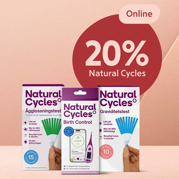 Tre förpackningar Natural Cycles produkter i förgrunden framför en rosa bakgrund med en röd cirkel där det står "20% Natural Cycles Online".