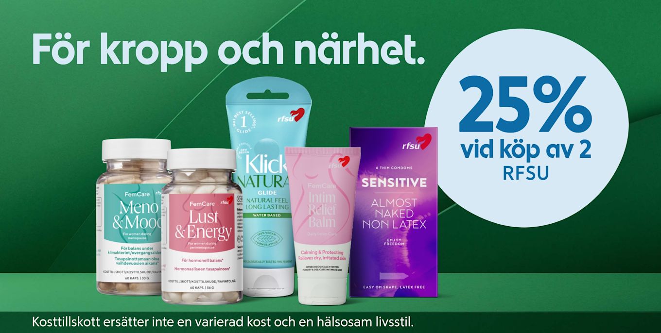 Fem kosttillskott och intimvårdsprodukter från RFSU står på en grön yta med texten "För kropp och närhet" och erbjudandet "25% vid köp av 2 RFSU" på en grön bakgrund.