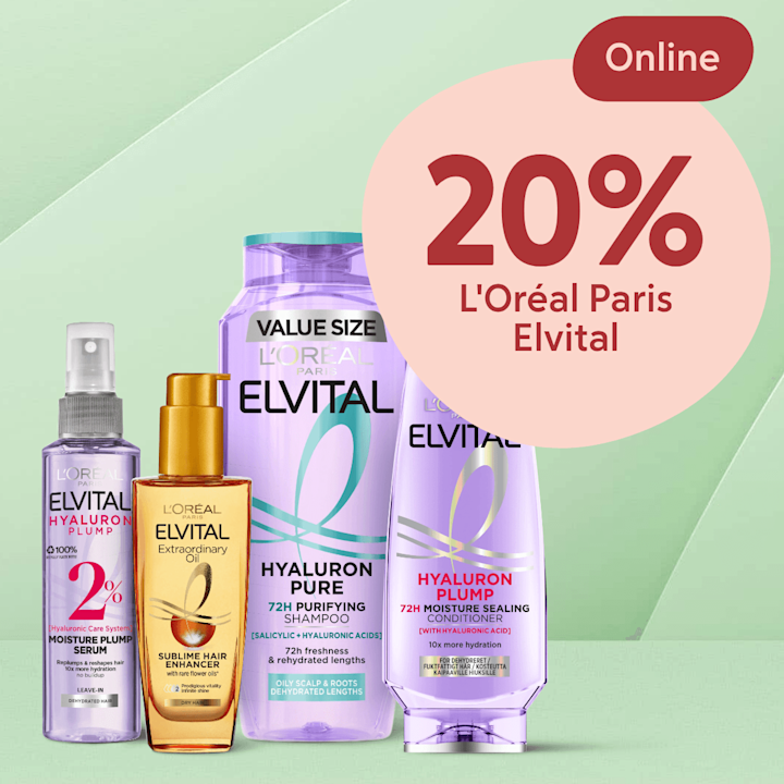 Fyra L'Oréal Elvital-produkter i lila och guldarrangemang på grön bakgrund med stor rosa cirkel som visar "20% L'Oréal Paris Elvital" och rött etikettblad "Online".