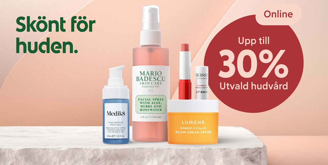Fyra hudvårdsprodukter på marmorbord framför rosa bakgrund med text "Skönt för huden" och röd cirkel "Upp till 30% på utvald hudvård".