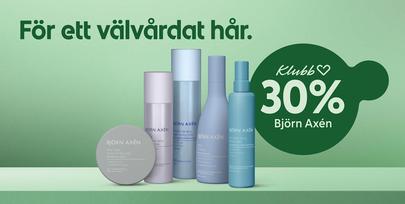 Flera pastellfärgade Björn Axén hårvårdsflaskor och burk på ett grönt bord med texten "För ett välvårdat hår." och en grön bubbla med "Klubb 30% Björn Axén".