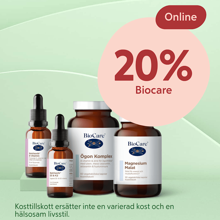 Fyra kosttillskott från Biocare står placerade på grön bakgrund med en stor rosa cirkel där det står "20% Biocare" och en röd knapp med texten "Online".