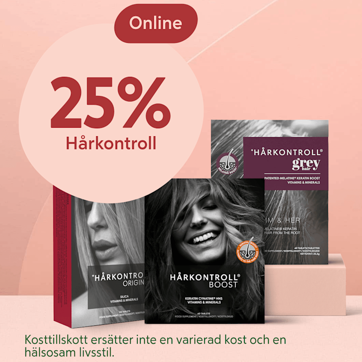 Tre paket Hårkontroll kosttillskott står placerade på rosa bakgrund med cirkel som visar "25% Hårkontroll" och text om kosttillskott.