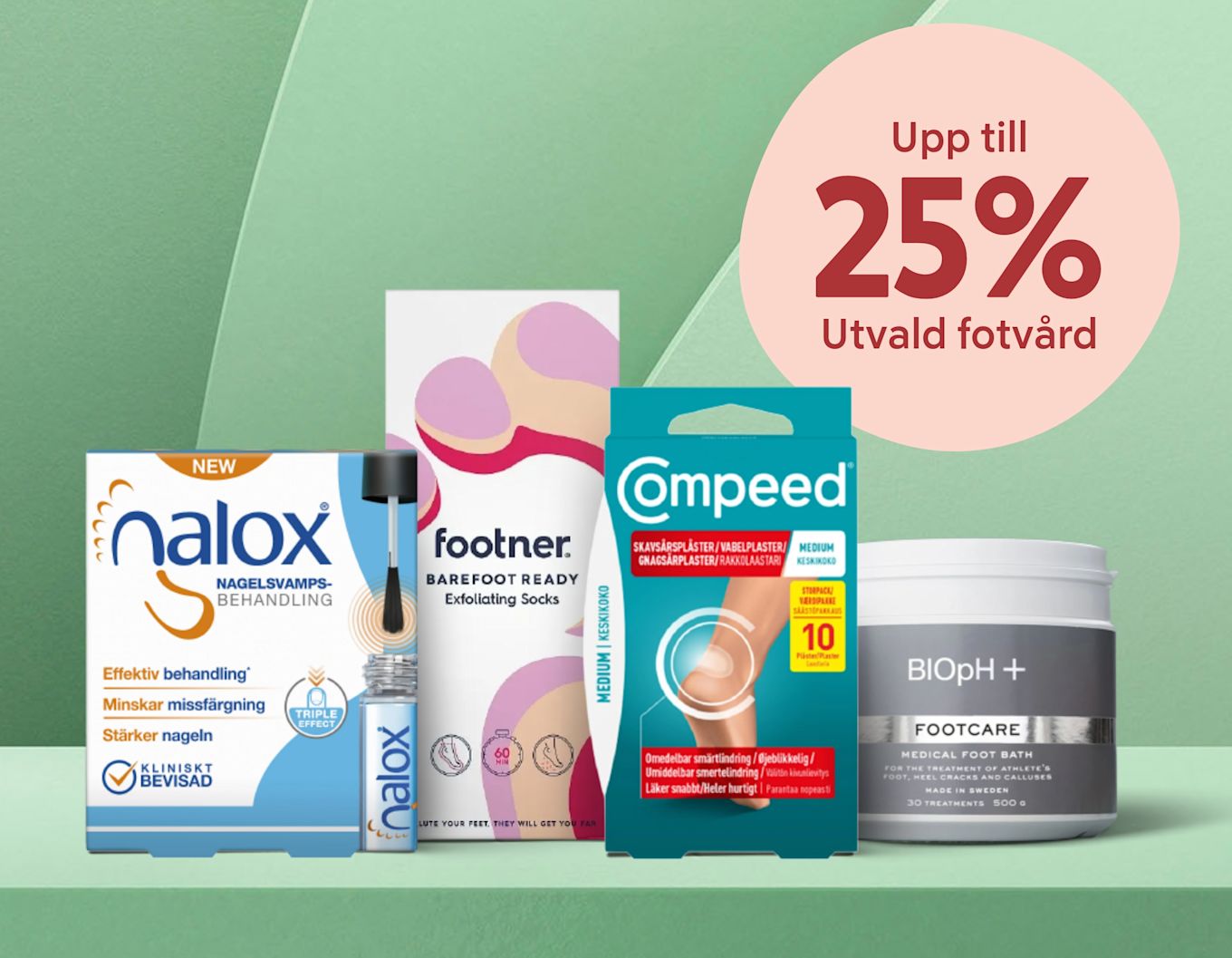 Olika fotvårdsprodukter i förpackningar framställda på en grön bakgrund med en rosa cirkeltext "Upp till 25% Utvald fotvård".