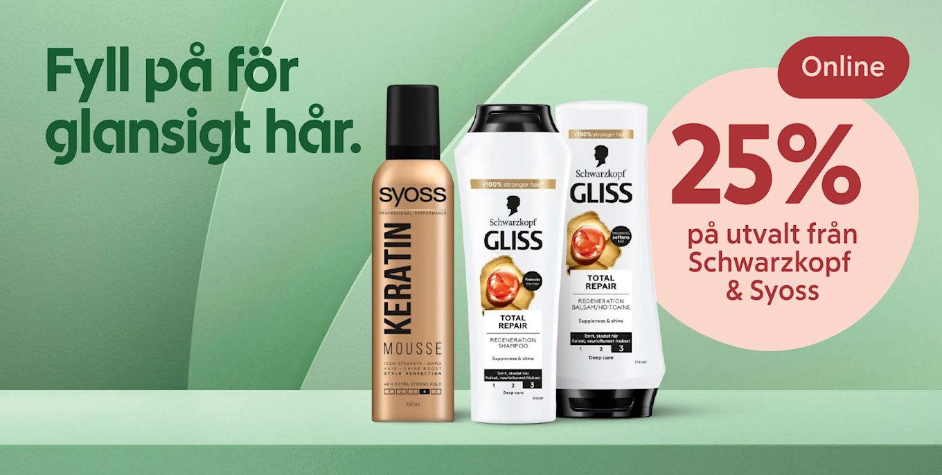 Flaskor med Syoss Keratin mousse och Schwarzkopf Gliss Total Repair shampoo och balsam med text om 25% rabatt online på utvalt från Schwarzkopf & Syoss.
