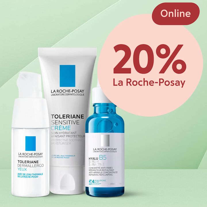 Tre La Roche-Posay-produkter (ögonkräm, Toleriane Sensitive ansiktskräm och Hyalu B5-serum) står framför en mintgrön bakgrund med en rosa cirkel som visar texten "20% rabatt på La Roche-Posay ansikte" och en röd etikett "Online".