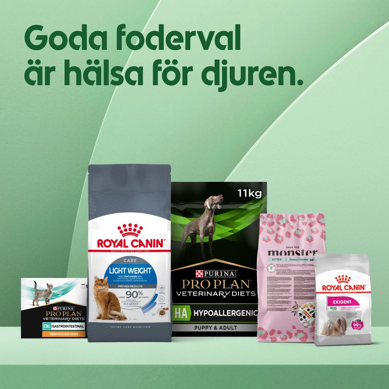 Flera påsar med olika märken av djurfoder står på en grön yta mot en grön bakgrund med texten "Goda foderval är hälsa för djuren".