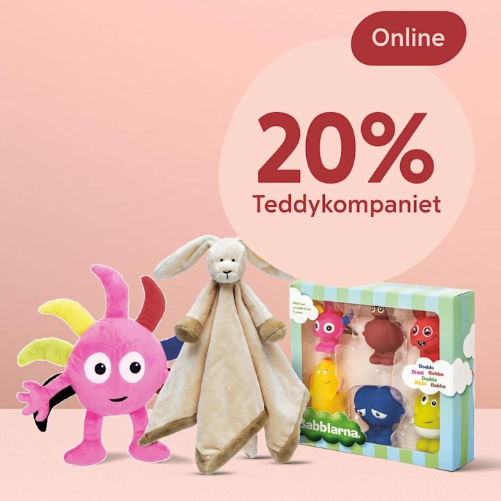 Rosa bakgrund med tre barnleksaker i förgrunden: en färgglad rosa mjukfigur med tentakler, en beige snuttekanin och ett färgglatt Babblarna-presentset, samt texten "20% Teddykopmaniet" och en rund etikett "Online".