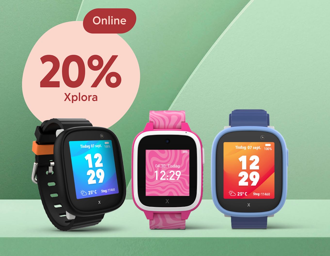 Tre Xplora-smartklockor i svart, rosa och blått visar tiden 12:29 på en grön bakgrund med texten "Online 20% Xplora".