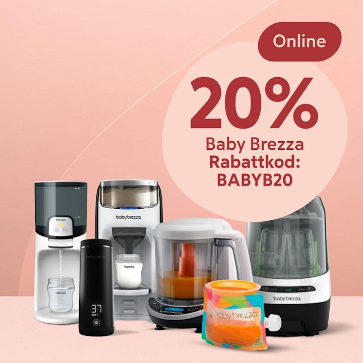 Olika Baby Brezza-barnmatsmaskiner och tillbehör uppställda framför rosa bakgrund med stor cirkeltext "20% Baby Brezza Rabattkod: BABYB20" och etikett "Online".