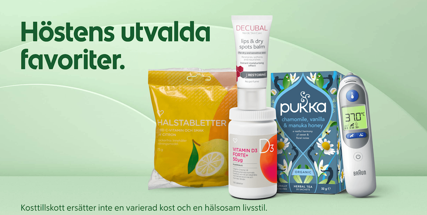 Flera hälsoprodukter uppradade i förgrund: halstabletter, vitamin D, Decubal läppbalsam, Pukka te och en Braun-termometer mot grön bakgrund. Text: Höstens utvalda favoriter.