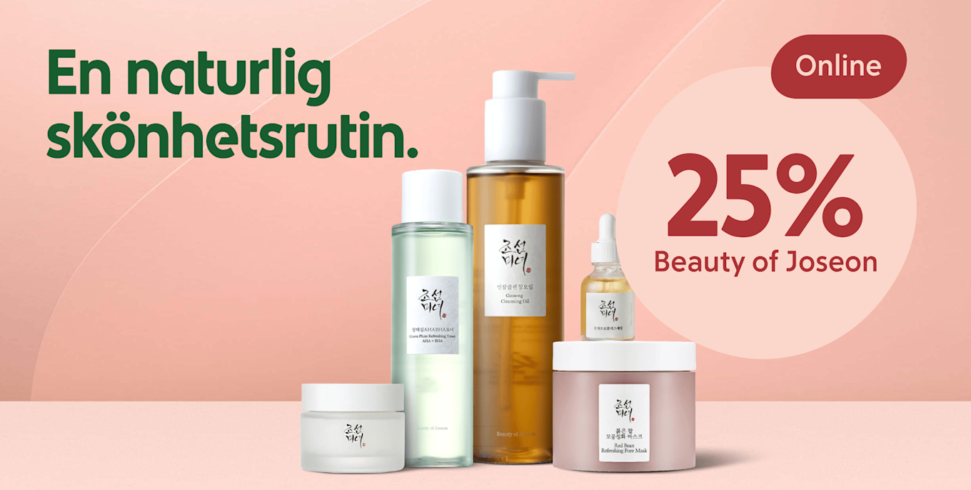 Hudvårdsprodukter från Beauty of Joseon står mot en rosa bakgrund, text "En naturlig skönhetsrutin" till vänster och en rund skylt med "25% Beauty of Joseon" till höger.