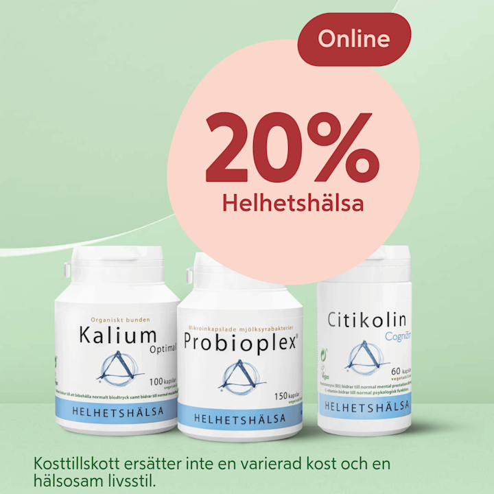Tre vita kosttillskottsburkar (Kalium, Probioplex, Citikolin) i förgrunden, en stor rosa cirkel med texten "20% Helhetshälsa" och en röd etikett "Online" ovanför, ljusgrön bakgrund och liten varningstext längst ner.