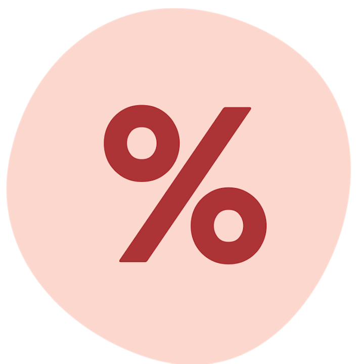Röd procenttecken centrerat på en ljusrosa oregelbunden bakgrund.