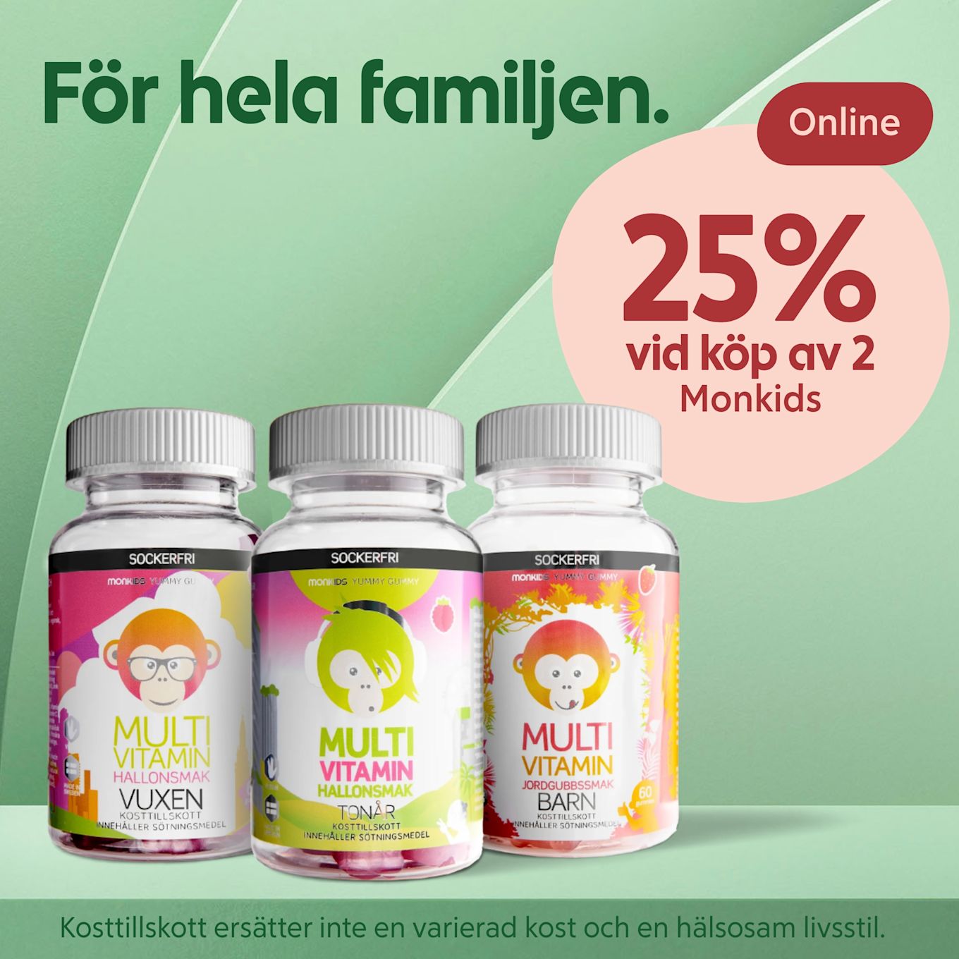 Tre burkar med sockerfria multivitaminer för vuxna, tonåringar och barn med smak av hallon och jordgubb, erbjudande online med 25 % rabatt vid köp av två.