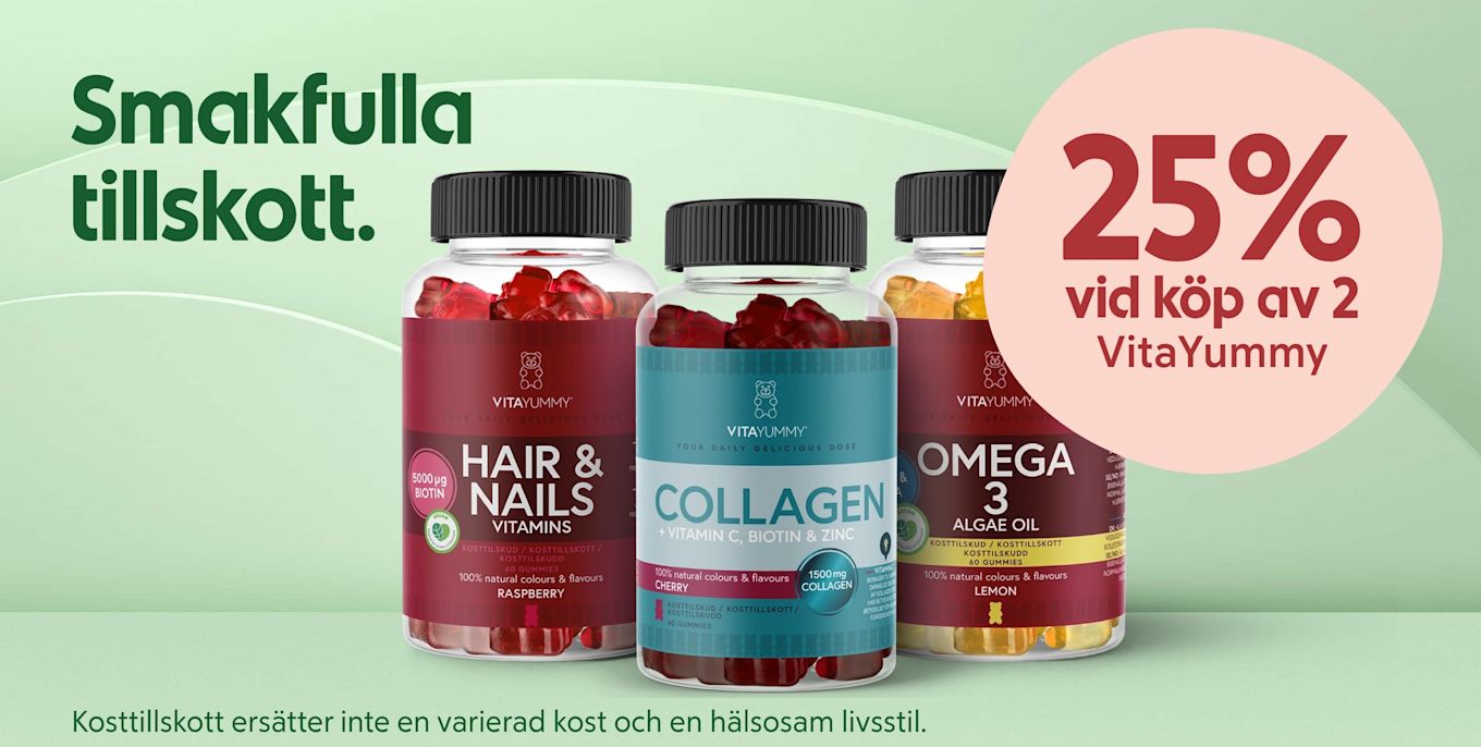 Tre plastburkar med vitamingummies (Hair & Nails, Collagen, Omega‑3) i förgrunden, ljust mintgrön bakgrund med texten "Smakfulla tillskott" till vänster och en rosa cirkel till höger med erbjudandet "25% vid köp av 2 VitaYummy".