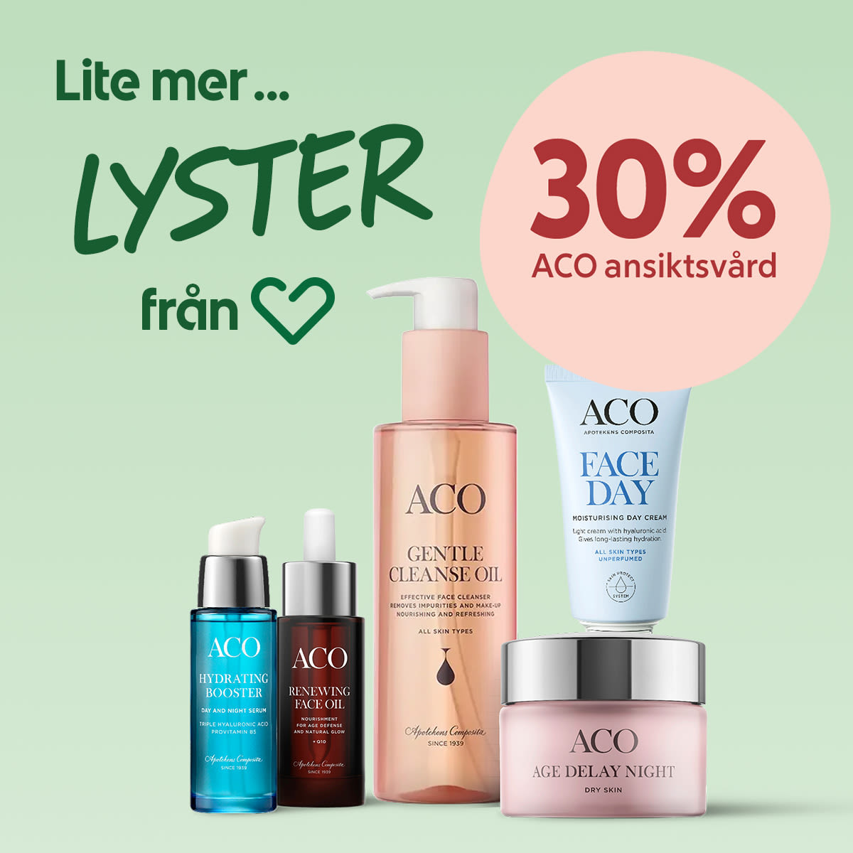Flera ACO ansiktsvårdsprodukter (serum, rengöringsolja, dagkräm, nattkräm) uppställda framför ljusgrön bakgrund med texten "Lite mer LYSTER från Hjärtat" och en rosa cirkel som visar "30% ACO ansiktsvård".