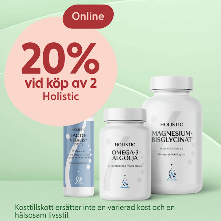 Tre vita kosttillskottsburkar från Holistic (Lacto-Vitalis Pro, Omega-3 Algolja, Magnesium-bisglycinat) stående på grön bakgrund med en rosa cirkelskylt där det står "20% vid köp av 2 Holistic" och liten text om kosttillskottens användning.