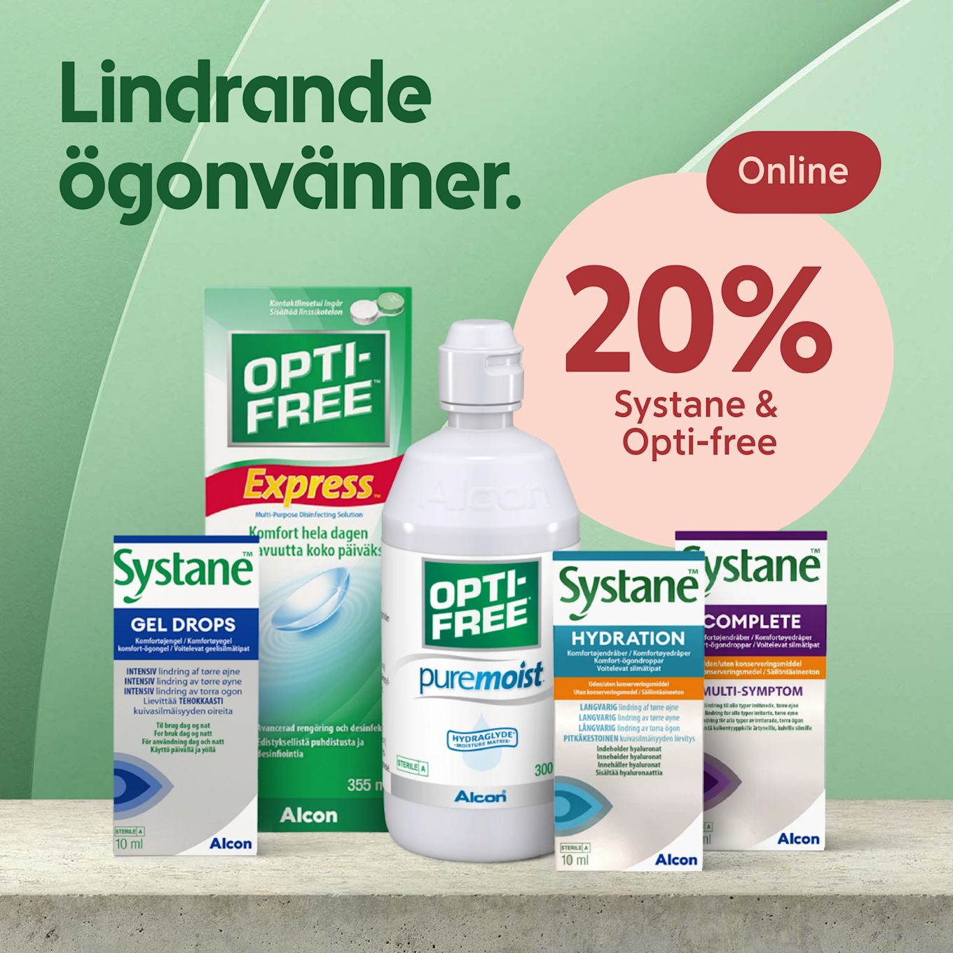 Olika ögonvårdsprodukter i förpackningar och en flaska på ett bord med texten "Lindrande ögonvänner" och en stor cirkel som visar "20%".
