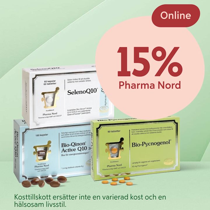 Tre Pharma Nord-kosttillskottsförpackningar (SelenoQ10, Bio‑Qinon Active Q10, Bio‑Pycnogenol) uppradade på ljusgrön bakgrund med några tabletter framför och en rosa cirkel med texten "15% Pharma Nord" uppe till höger.