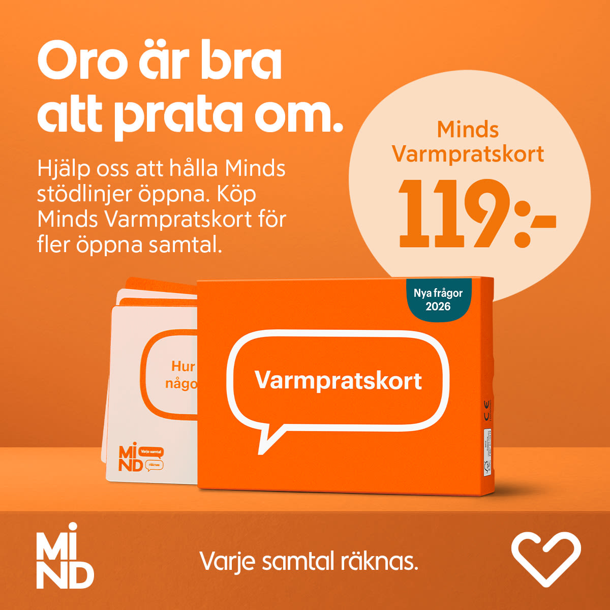 Orange kartong med texten "Varmpratskort" i vit pratbubbla framför uppställda frågekort, "Minds Varmpratskort 119:-" i stor cirkel och rubriken "Oro är bra att prata om" och texten" Hjälp oss att hålla Minds stödlinjer öppna. Köp Minds Varmpratskort för fler öppna samtal." på orange bakgrund.