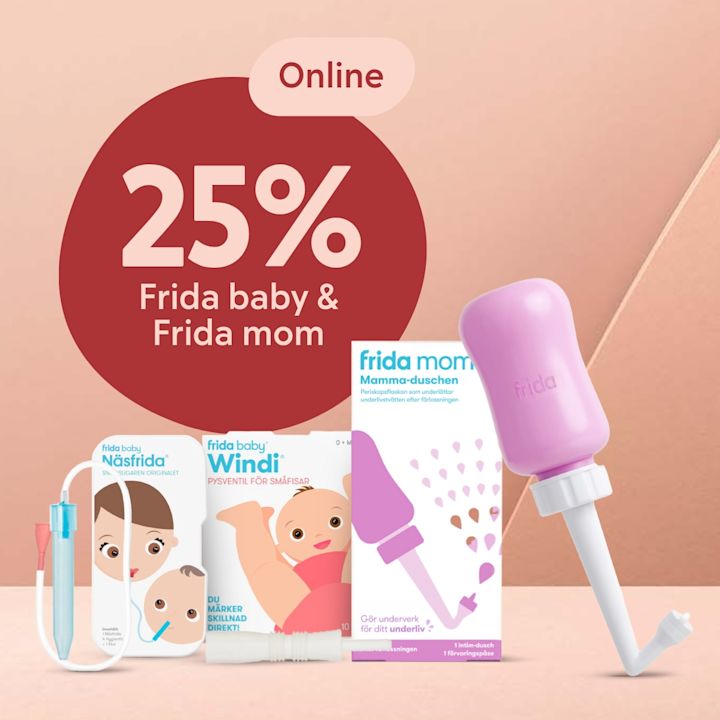 Frida baby och Frida mom produkter visas med en rosa intimdusch och förpackningar mot en beige bakgrund, text om 25% rabatt online.