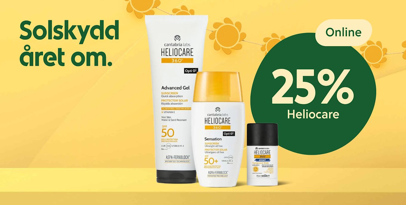 Tre Heliocare solprodukter stående på gul bakgrund; till vänster texten "Solskydd året om.", till höger en grön cirkel med "25% Heliocare" och en oval märkning "Online".