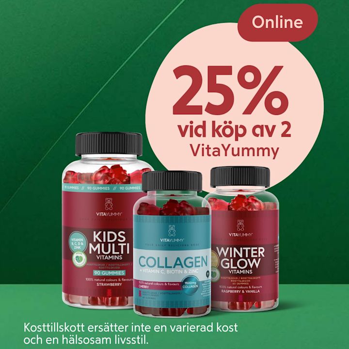 Tre flaskor med VitaYummy vitaminer, inklusive Kids Multi, Collagen och Winter Glow, visas med text om 25 % rabatt vid köp av två online.