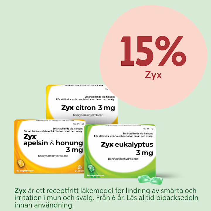 Tre paket Zyx sugtabletter (citron, apelsin & honung, eukalyptus) i förpackningar placerade framför en ljusgrön bakgrund, med en stor rosa cirkel till höger där texten "15% Zyx" syns.