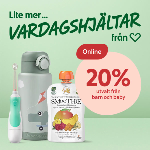 Tre barn- och babyprodukter i förgrunden: en mintgrön elektrisk tandborste, en grå vattenflaska med elefantmotiv och ett fruktpurépåse med texten "SMOOTHIE", mot en ljusgrön bakgrund med texten "Lite mer... VARDAGSHJÄLTAR" och en rosa cirkel med "Online 20% utvalt från barn och baby".